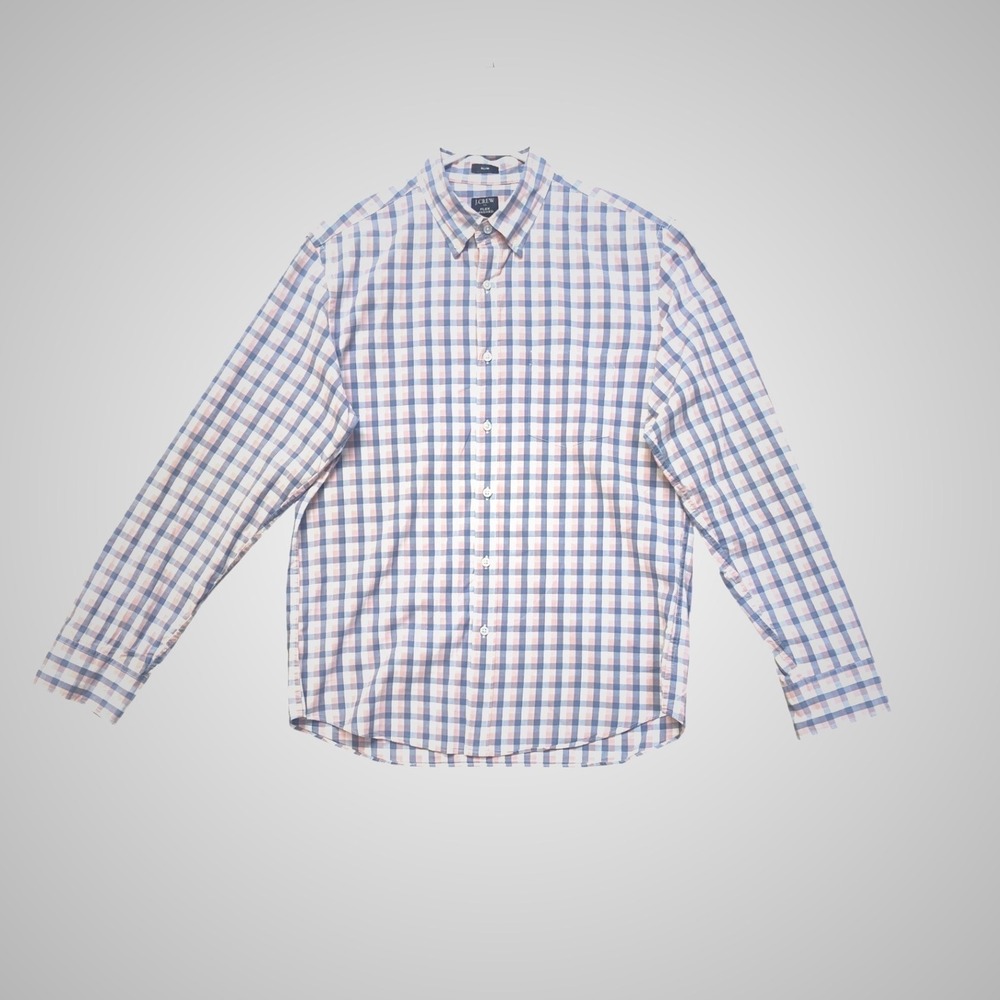 J.Crew Flex Washed Shirt Mens Large Pink Blue Slim Excellent Gingham Button Down